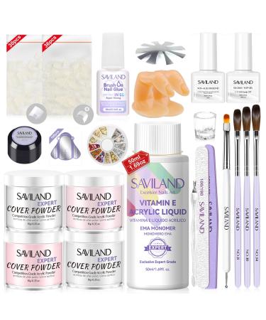 SAVILAND French Acrylic Nail Kit: Beginner Nail Kit Acrylic Set Easy to Use Acrylic Powder and Liquid Set with Half Cover Nail Tips Acrylic Nail Brushes Nail Tools for DIY French Manucure Kit