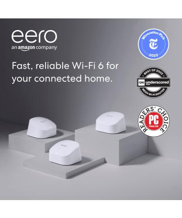 Amazon eero 6 mesh Wi-Fi system | Supports speeds up to 500 mbps | Connect to Alexa | Coverage up to 4,500 sq. ft. | 3-pack, one router + two extenders, 2020 release One eero 6 router + Two eero 6 extenders