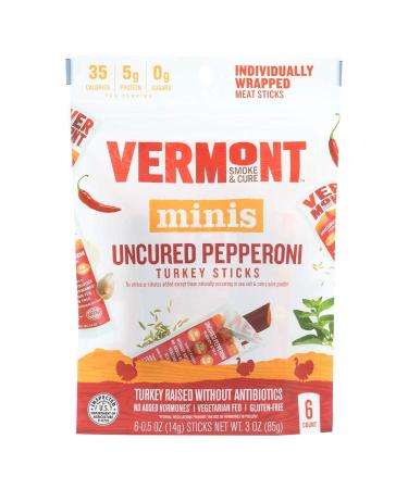 Vermont Uncured Pepperoni 0.5 Ounce Turkey Sticks, 6 count per pack - 8 per case.