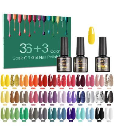 39 Pcs Gel Nail Polish Set, Nail Polish 36 Colors, Popular Nail Art Colors UV LED Soak Off Nail Gel Kit with Glossy & Matte Top Base Coat