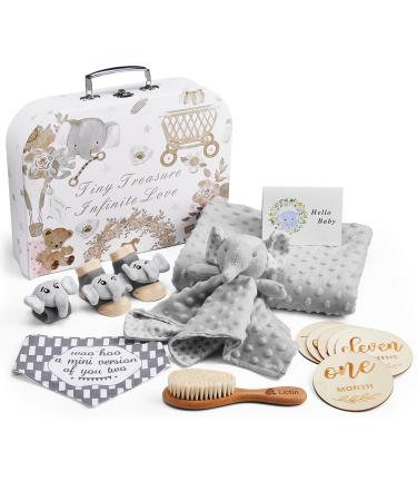 Lictin Baby Gift Set for Boys Girls 14PCS Baby Shower Gifts Neutral Newborn Gifts Basket with Baby Blanket Wooden Monthly Milestone Cards Elephant Security Blanket (Grey 14pcs) Grey 14pcs