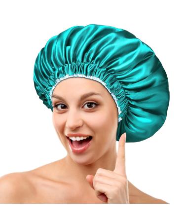 Mikimini satin hood for sleeping 2 pieces green + light blue silk hood for women with long curly hair turnable double-layer sleep-hair hood extra large stretchy sleeping hair caps (2 Pack) green/light blue