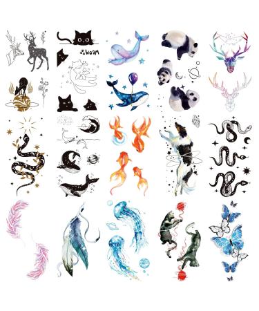 Glow in Dark Temporary Tattoo Stickers - Snake Panda Jellyfish Border Collie Dog Whale Goldfish Shark Feather Cat Deer (Pack of 15 Sheets) - Buy Online on SooperMarket.com