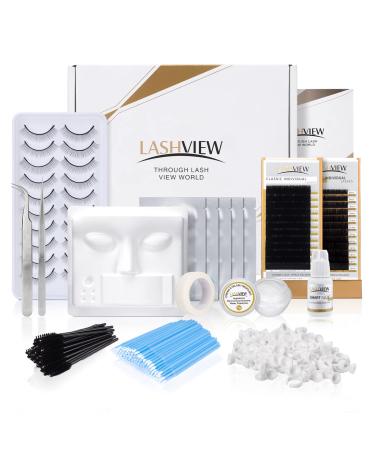 LASHVIEW Eyelash Practice Kit Eyelash Extension Kit for Beginners with Everything, Lash Practice Kit Include Eyelash Individual Lashes Glue Tweezers and Training Lashes