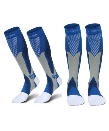 Cocohok compression stockings sports men & women fit for sports football flight running compression socks for men & women for increasing performance endurance blood circulation and relaxation 38-42 2 pairs blue