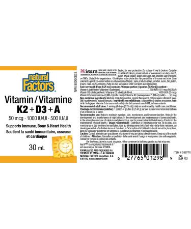 Natural Factors Vitamin K2 + D3 + A liquid drops 30ml Easy-to-Take Liquid 120 Doses per Bottle 50mcg/1000iu/500iu Supports Immune Health Bone & Teeth Health Vegetarian - Buy Online on SooperMarket.com