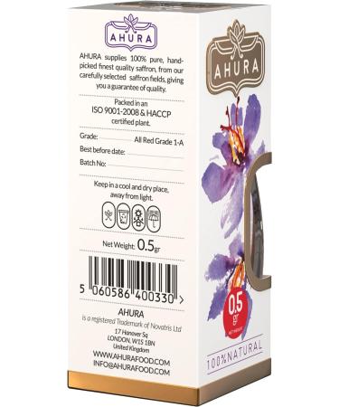 Ahura Finest Natural Saffron Threads - Pure Grade 1 All Red Saffron Spice - 0.5g Jar for Tea, Paella, Risotto, Pasta, Rice Cooking - No Additives | Pack of 1 - Buy Online on SooperMarket.com