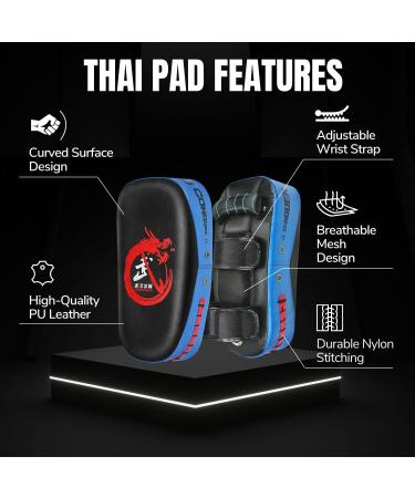 Flexzion Blue Curved Muay Thai Kick Pad for MMA, Karate, Taekwondo - Adjustable Forearm Strap - Buy Online on SooperMarket.com