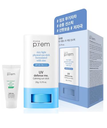 MAKEPREM UVA UVB Defense Me Calming Sun Stick Sunblock SPF 50+ PA++++ 0.7 Oz VEGAN Sensitive Oily Acne-Prone Skin Reef-Safe Mineral Sunscreen Non-Nano No Chemical UV Protection Non-Greasy Sticky Kids