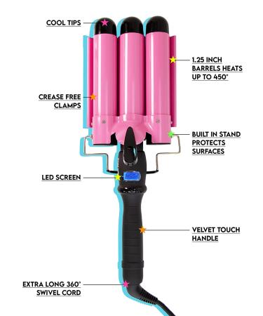 Beauty Babe Waves 3 Barrel Curling Iron Hair Waver 1.25 Inch - Pink Jumbo Ceramic Wand for Perfect Beach Waves - Buy Online on SooperMarket.com