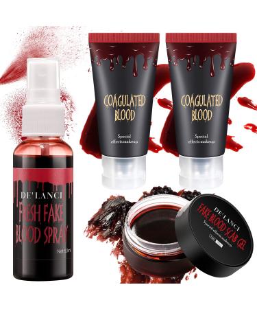 Fake Blood Washable  Fake Blood Makeup Kits- Fake Blood Spray(50ml)  Fake Coagulated Blood (30g) Stage Blood(60ml) Halloween Makeup for Clothes Face Body Paint Vampire Zombie Clown Monster Consumes 4pcs