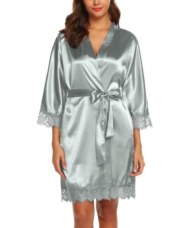BESDEL Women's Satin Silk Bathrobe Oblique V-Neck Short Kimono Robe Bridesmaids Robe XXL Grey