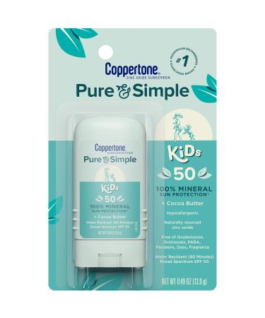 Coppertone Pure and Simple Kids Sunscreen Stick SPF 50  Zinc Oxide Mineral Sunscreen Stick for Kids  Tear Free  Water Resistant  Broad Spectrum SPF 50 Sunscreen  0.49 Oz Stick