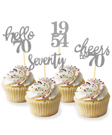 24 Pcs Glitter 70th Birthday Cupcake Toppers for Celebrating 70th Birthday Party Decorations for Seventy Years Old Birthday Party Supplies (Silver new)