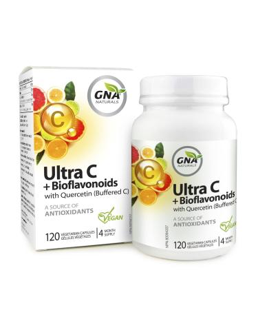 GNA Naturals Ultra Vitamin C 600mg + Bioflavonoids with Quercetin Dihydrate - Vitamin C Ascorbate Acid 120 V-Caps 4 Month Supply - Promotes Healthy Bones Gums & Teeth - Vitamin C Complex Supplement