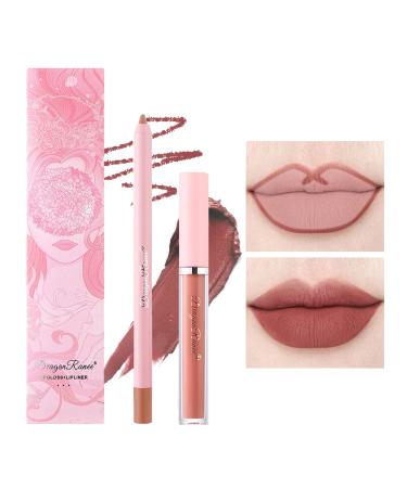 MIESCHER 2Pcs Lip Liner and Lipstick Set Velvety Matte Liquid Lipstick Matte Nude Lip Liner Pen Long Lasting Waterproof Lip Crayon High Pigmented Not Fade No Smudge Lip Stain Makeup for Women(03)