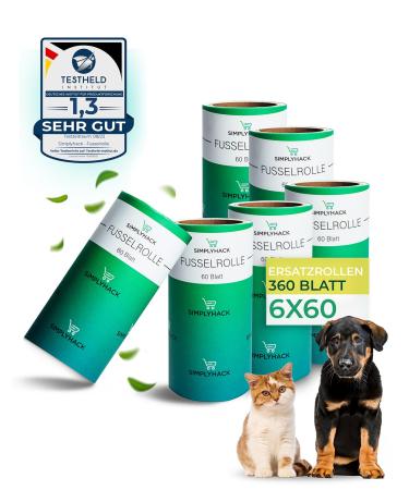 Simplyhack - lint roll - 6er Set replacement rolls for common lint rolls - high adhesive power - lint roll animal hair - Used leaves can be easily removed - lint roller roll 360 sheet refill pack