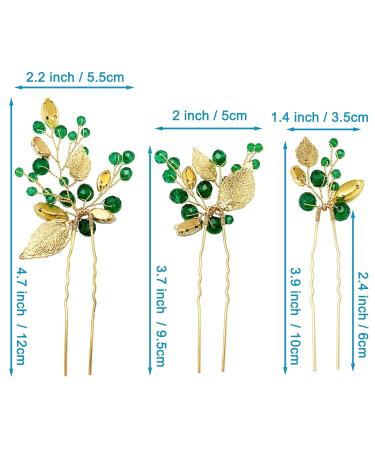 Emerald Green Rhinestone Gold Leaf Wedding Hair Pins - Pack of 3 | Bridal Hair Accessories for Women Girls - Buy Online on SooperMarket.com