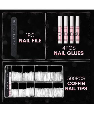 Makartt Ballerina Nails Set - 500 Clear False Nail Tips with Nail Glue for Acrylic Press On Nails - Full Cover Coffin Soak Off Tips and Nail File - Nails Art Kit for Women - Buy Online on SooperMarket.com