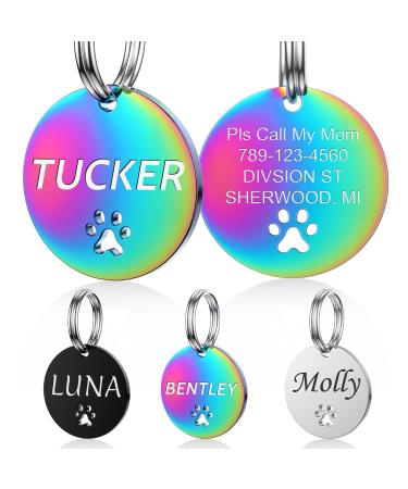Yhananti dog brand with engraving - dog stark personalized with name telephone number and address stainless steel name tag for collar trailer brand with paw for dogs cats and puppies (round) Hoherer round
