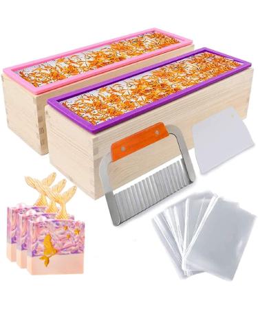YGEOMER Soap Molds 2pcs 42oz, Silicone Soap Mold for Soap Making, Rectangular Loaf Soap Mold with Wooden Boxes, 2 Cutters and 100pcs Bags