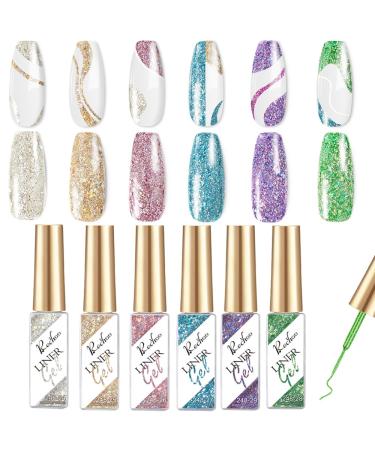 Rechoo 6PCs gel for gelail set glitter 6 * 8ml glitter uv gel liner super flashing shellac nail polish for draw lines color gel for nail design gel nail polish for French nail art g-6Pcs multicolor glitter