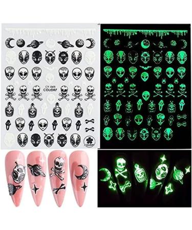 Halloween Nail Art Stickers Glow in The Dark Nail Decals 3D Self-Adhesive Fluorescent Nail Stickers Skull Spider Witch Ghost Pumpkin Bat Snake Nail Design for Women and Girls DIY Acrylic Nail - Buy Online on SooperMarket.com