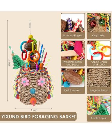 YIXUND Seagrass Foraging Basket Bird Toy with Colorful Crinkly Paper and Wooden Blocks - Ideal for Small & Medium Parrots - DIY Honeycomb Tree Design - Buy Online on SooperMarket.com