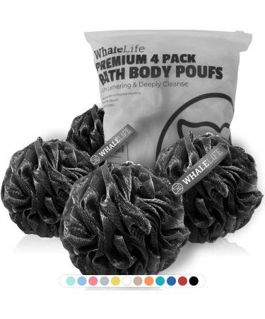 Shower Puff 4 Pack Black Bath Sponge Shower Loofahs Pouf Ball Nature Bamboo Charcoal Mesh Bulk Puffs Large Shower Essential Skin Care by WhaleLife