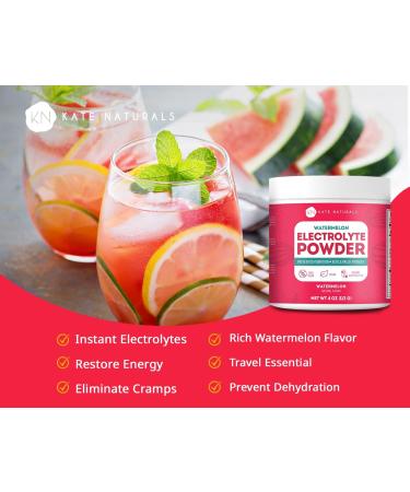 Kate Naturals Watermelon Electrolytes Powder 4oz - Instant Vegan Energy Boost, Prevent Dehydration, Eliminate Cramps - Non-GMO, Keto-Friendly, Zero Sugar - Buy Online on SooperMarket.com