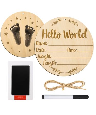 Baby announcement sign 15 cm round milestone cards for baby wood with stamp cushions for hand and footprints of the baby Hello World Newborn sign for photo requisites