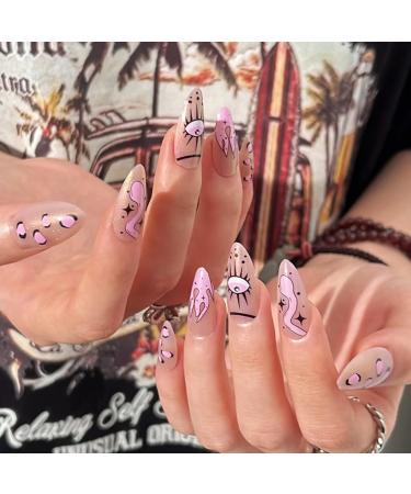 Runrayay 24pcs Mandel Form press on nails pink midrings with snake & flame French designs fake wrong nails oval nail art for women and girls stick on nails ff