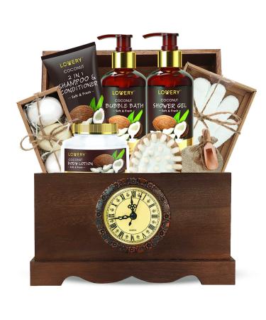 Fathers Day Mens Gift  Bath Set in a Vintage Style Wooden Clock Box  13Pc Premium Coconut Spa Kit for Men & Women  Body Lotion  Handmade Soap  Bath Bomb  Coconut Shampoo & Conditioner  Massager & More