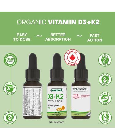 Certified Organic Vitamin D3 & K2 (MK7-Natto) - 490 Drops- Support Your Bones Immune System - Non-GMO - Gluten Free - Made in Canada (13.5 ml (Pack of 2)) - Buy Online on SooperMarket.com