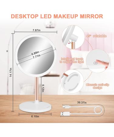 LED Vanity Makeup Mirror with Bluetooth & Smart Touch | 3 Color Dimmable & USB Rechargeable | 45 Rotatable Design (White) - Ideal for Makeup Desk - Buy Online on SooperMarket.com