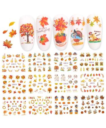 Fall Nail Stickers Autumn Maple Leaves Pumpkin Turkey Nail Art Stickers Thanksgiving Themed Water Transfer Nail Decorations 12 Sheets/setnail Art Supplies Thanksgiving Nail Stickers Fall Nail