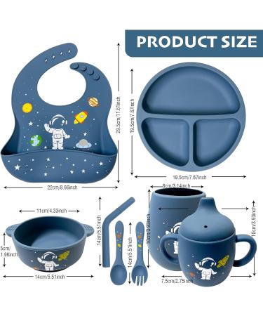Soft Silicone Baby Feeding Set with Adjustable Bib, Suction Bowl, Plate, Straw Cup, and Utensils - Baby Led Weaning Supplies with Cute Patterns | Space & Dinosaur Design - Buy Online on SooperMarket.com