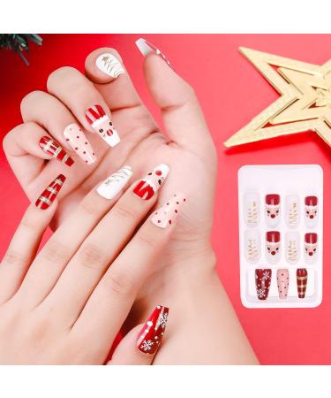 MELLIEX Christmas Fake Nails Artificial Full Cover Press on Nails 48 Pieces Xmas Coffin False Nail Tips Santa Claus Snowflake Elk Nail Art Decorations with Nail Glue and Nail Files - Buy Online on SooperMarket.com