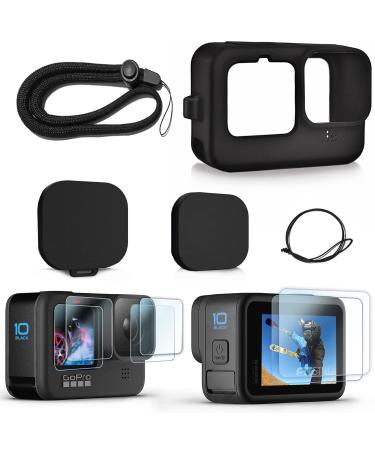 FitStill Silicone Rubber Case+2-Pack (6pcs) Tempered Glass Protector Compatible for Go Pro Hero11 / Hero10 / Hero9 Black,Soft Sleeve Cage Housing with Lens Cover Cap Lanyard Accessories Bundle Kit