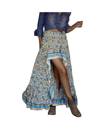 Sanahy Women Boho Floral Print Long Skirt Dress Chic High Low Side Split Ruffle Hem Elastic Waist Swing Maxi Dresses Beach Skirts Blue L