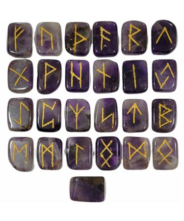 Amethyst Runes Crystal Rune Stones Set Elder futhark Viking Gemstone Reiki Healing Golden Engraved Runic Alphabets (Amethyst)