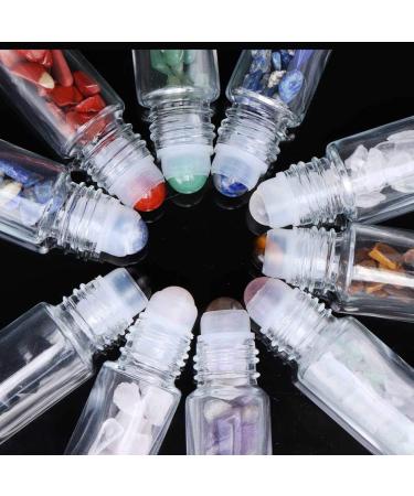 10 Pack 10ml Gemstone Roller Bottles with Healing Crystal Chips - Clear Glass Roll on Bottle for Essential Oils - Silver Lid - Natural Crystal Stones Roller Balls - Buy Online on SooperMarket.com