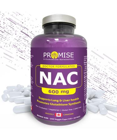 Promise NAC - 600mg N-Acetyl-L-Cysteine 200 Capsules- For Lung Liver Immune Support Anti-Inflammatory - Promoted Glutathione Synthesis Highly Potent - Made In Canada GMO Dairy and Gluten-Free