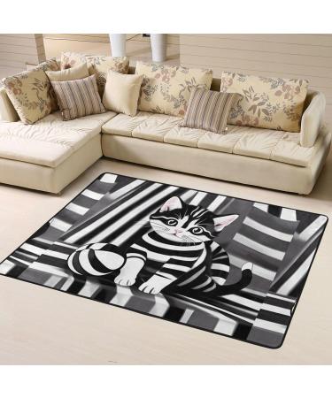 Black and White Striped Kitten Flannel Non-Slip Floor Mat - 63x48 Inches Comfortable & Lint-Free Perfect for Home & Office - Shop Internationally - Buy Online on SooperMarket.com