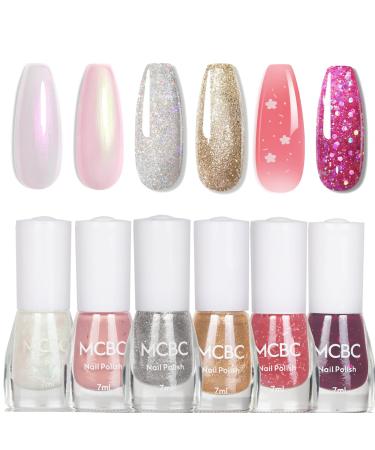 EONFAVE Glitter Nail Polish Sets - 6 Colours Pearlescent Glitter Nail Varnish Set - Shinny Peel Off Nail Polish Gifts for Women Nail Art DIY Home - No Need Cured Glitter Pearl Set