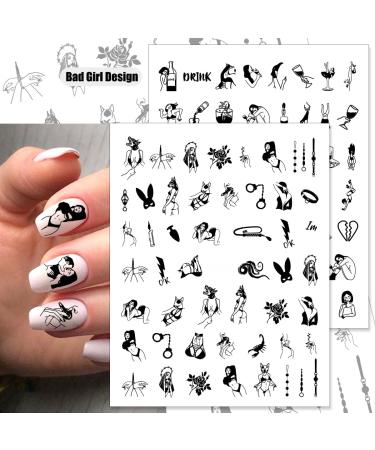 Bad Girl 3D Nail Art Stickers - Black and White Self Adhesive Design for Sexy Women and Girls | 8 Sheets - Buy Online on SooperMarket.com