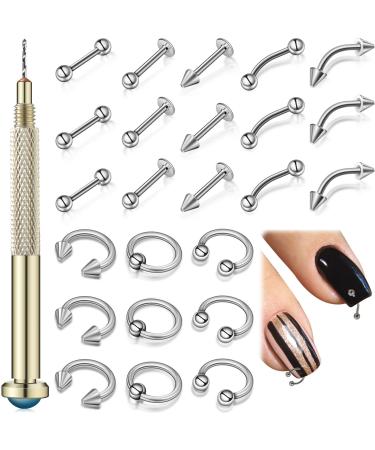 25 Pieces Nail Dangle Charms with Nail Piercing Tool Hand Drill  Nail Jewelry Rings Nail Charms Pierced Nail Supplies for Tips  Acrylic  Gels Decorations (Silver)