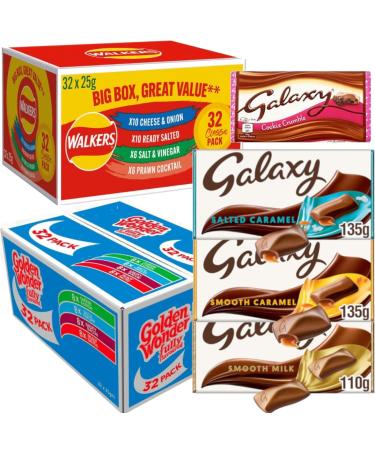 Golden Wonder Fully Flavoured Box And Walkers Box Cheese and Onion Salt and Vinegar Smoky Bacon Ready Salted Prawn Cocktails 32pkx25g Each Box/Total 64 Individual Bags With 4 Galaxy Chocolate Bars