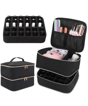 Nail Polish Organizer 2 Layers Nail Polish Storage Holder Case Holds 30 Bottles Gel Nail Polish Nail Lamp Nail Drill Manicure Tools Large Makeup Bag Travel Cosmetic Bag with Detachable Dividers Black