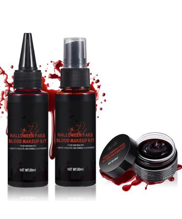 Halloween Fake Blood Spray + Fake Blood Gel Edible Washable Realistic Scar Wound SFX Makeup Kit For Clothes Face Mouth Cosplay Zombie Vampire Special Effects Makeup Essentials